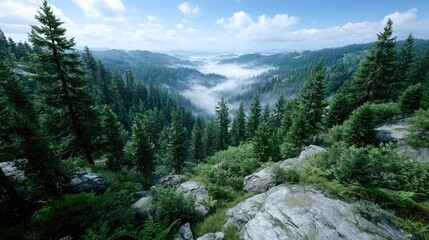 Obraz premium Lush Green Mountain Valley with Morning Mist and Sunlight Illuminating Pine Trees and Rocky Outcrops Under a Blue Cloudy Sky in a Cinematic Landscape