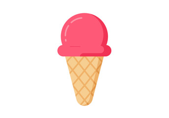 A strawberry ice cream cone with a light tan cone on a white background