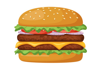 A vector art illustration of a stacked burger with sesame bun patties lettuce cheese tomato and onion slices