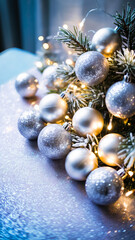 Silver sparkling Christmas baubles with snowy pine and glowing garland on soft blue glitter background, empty copy space, concept of greeting