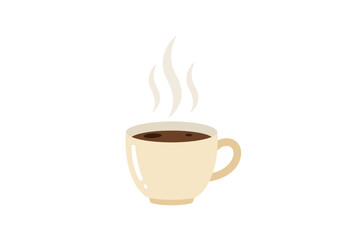 Beige mug filled with coffee steams against a white background