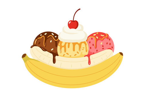 Banana split with three scoops of ice cream sauce whipped cream and cherry on a yellow banana