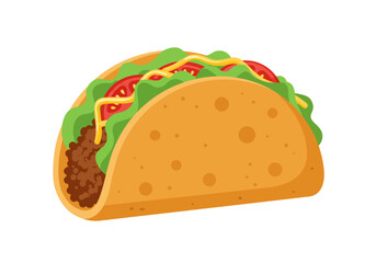 Cartoon taco with lettuce tomatoes cheese and meat inside a yellow shell