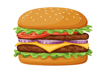Cartoonstyle double hamburger with lettuce tomato onion cheese and sesame seed bun