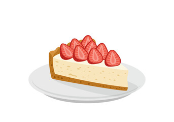 Cheesecake with sliced strawberries on a white plate