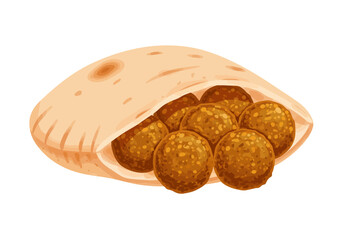 Illustration shows pita bread filled with fried falafel balls