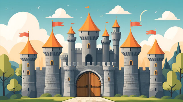 Simple castle illustration in flat design style with towers and gates, perfect for storybooks or children's content