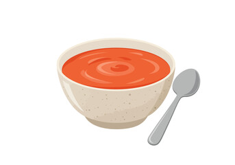 Red soup in a beige speckled bowl next to a silver spoon on a white background