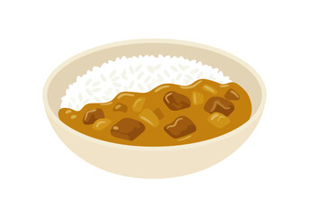 Rice and curry are presented in a tancolored bowl