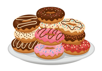 Stack of donuts on a plate with pink chocolate and beige frosting and colorful sprinkles