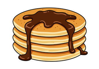 Stack of four pancakes with chocolate syrup on a white background