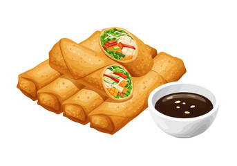 Stack of goldenbrown spring rolls with cut rolls  sauce closeup