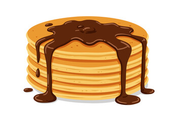 Stack of pancakes with chocolate syrup dripping down the sides