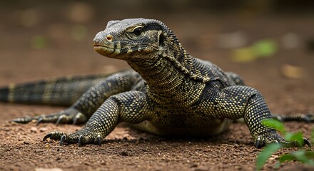 Fototapeta premium Close up of a Large Monitor Lizard Resting on Textured Ground