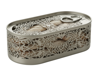Metal sardine fish can with artistic decorative pattern representing luxury seafood packaging, showcasing gourmet food design on transparent background.