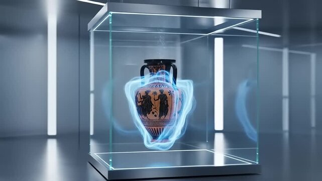 Ancient amphora displayed in a modern glass case with glowing effects in a futuristic setting