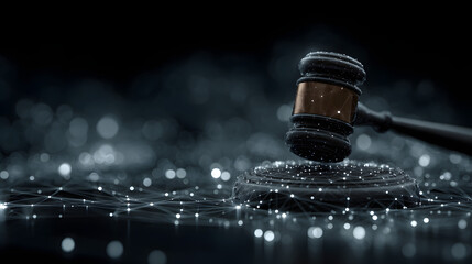 Judges gavel hovers in a high-tech, virtual space, symbolizing the enforcement of cybersecurity laws and regulations within an abstract technological environment.