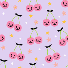 Happy halloween seamless pattern spooky pink cherries with horror face, black bat, stars and flowers on purple background.