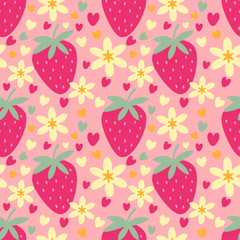 Cute seamless pattern with strawberries, flowers, and hearts on pink background ideal for kids textile and wrapping paper.