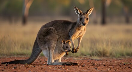 Fototapeta premium Kangaroo Mother with Joey in Pouch Standing in Golden Hour Light