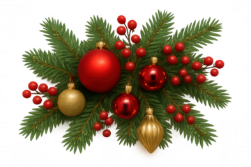 Christmas fir branch decorated with red baubles, golden ornaments, and winter berries, on transparent background