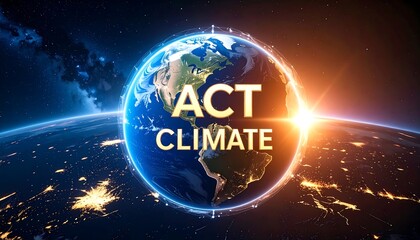 Earth globe with text "ACT CLIMATE" displayed, surrounded by space and city lights