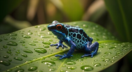 Obraz premium Vibrant blue poison dart frog on a dewy leaf.