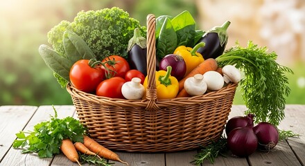 Abundant fresh vegetables and herbs harvest in wicker basket outdoors