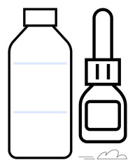 Bottle and dropper with clear outlines, symbolizing health, skincare, laboratory work, hygiene, pharmaceutical needs, wellness, and research. Ideal for minimal designs clean branding simple flat