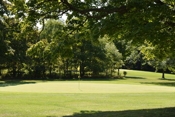 Golfing putting green showing where the hole for the goal is located as indicated by the yellow pole and flag on the green manicured putting green.