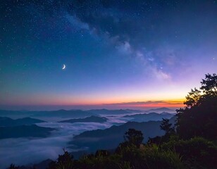 Misty mountain sunrise, starlit sky