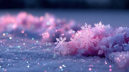 Macro Photograph of Sparkling Pink Snow Crystals on a Bluish White Surface Illuminated by Cinematic HDR Lighting