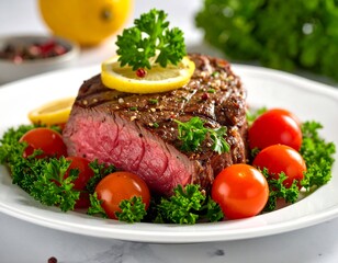 Grilled steak with lemon and cherry tomatoes