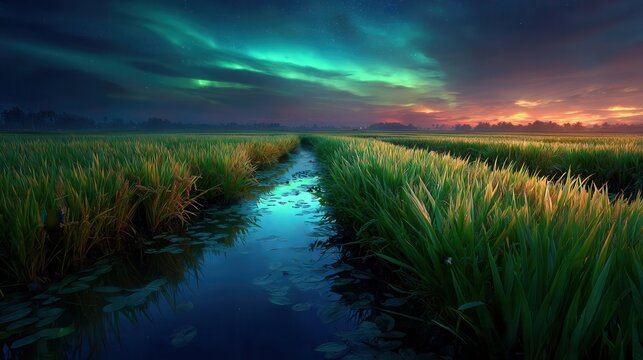 Serene rice paddy field reflecting aurora borealis under a starlit sky creating a magical landscape