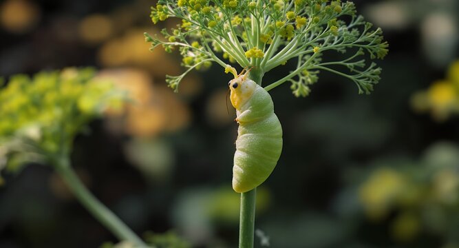 Close-up of a green caterpillar on a plant stem, preparing to pupate
