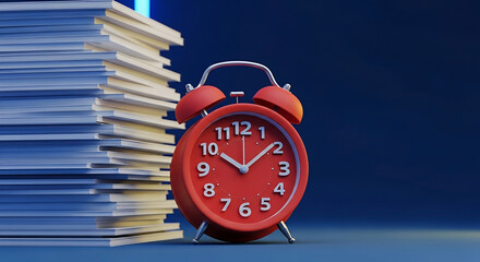 Naklejka premium Classic red alarm clock placed beside large stack of papers symbolizing deadline stress productivity pressure and time management