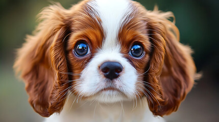 A cute brown and white puppy with big blue eyes