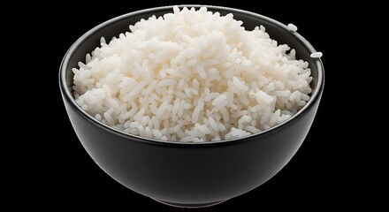 Aromatic steamed rice served in a contemporary black bowl, isolated shot