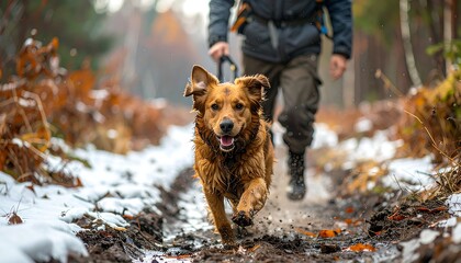 Dog running on a snowy forest path