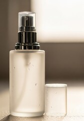 Naklejka premium Elegant White Glass Spray Bottle with Silver Accents near Window in Soft Light