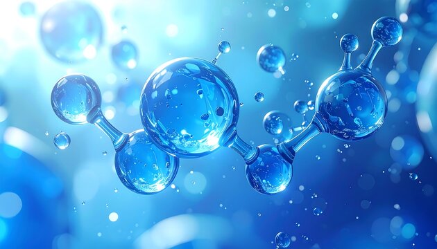 Molecular structure, water droplets, blue backdrop