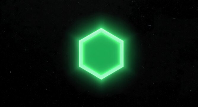 Glowing Green Hexagon Shape on Dark Background, Abstract Geometric Design, Digital Art, Modern Graphic Element