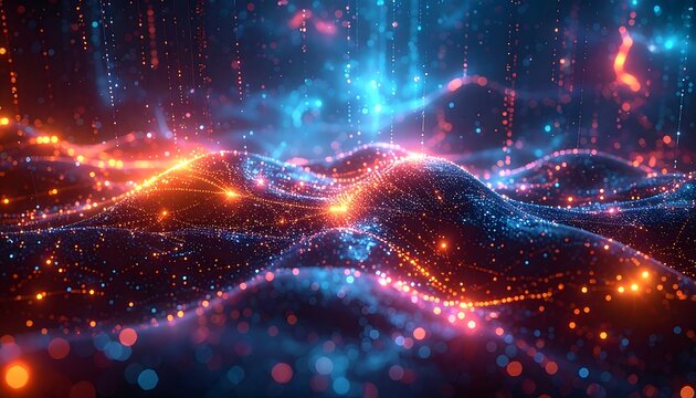 Abstract digital landscape with glowing particles - Powered by Adobe