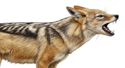 黒焦げの毛並み 鋭い牙をむく 力強い野犬 白背景 精密描写. AI Generated