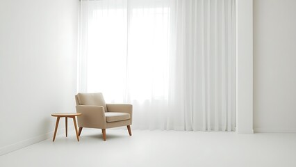 A serene minimalist living space with an armchair and natural light, evoking calmness.