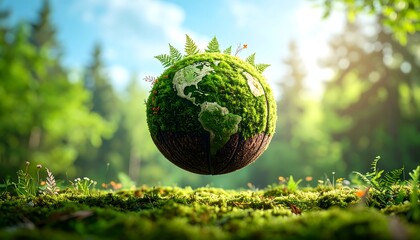 Earth globe in a lush green forest
