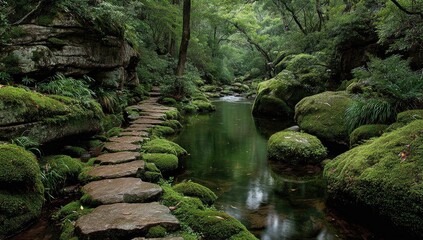 Mossy stones path alongside a tranquil stream in a lush forest