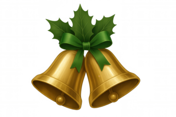 Golden christmas bells with holly leaves and green ribbon bow on transparent background for festive holiday design