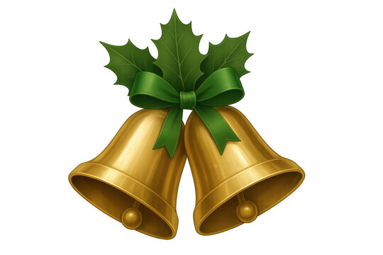 Golden christmas bells with holly leaves and green ribbon bow on transparent background for festive holiday design