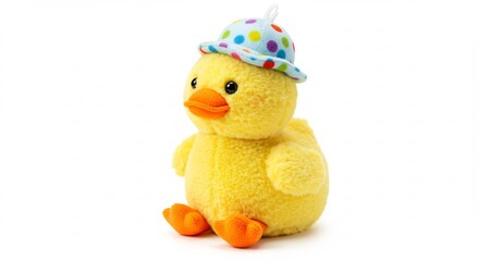 黄色い雛鳥ぬいぐるみ 帽子をかぶる 可愛い姿 明るい背景. AI Generated